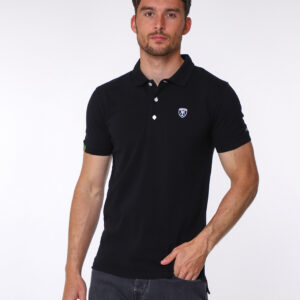Black pique cotton round polo shirt, with small shield MANCINI logo on the chest and a small logo on the left arm. Contrasting black button hole stitching. The word MANCINI under the collar in black print. Red ribbon detail on the bottom inch of the t shirt on both sides.