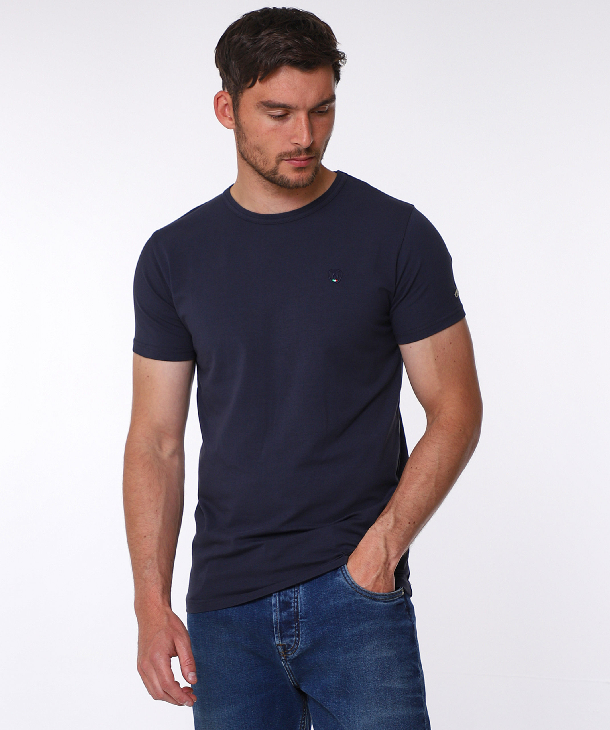 MANICNI - Lorry Navy t shirt Navy cotton round neck t shirt, with small shield MANCINI logo on the chest and a small logo on the left arm.